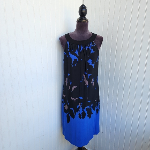 Just Taylor Blue Black Tan Tropical Floral Halter Knee Leghth Tie Back Dress 8 - Picture 1 of 13